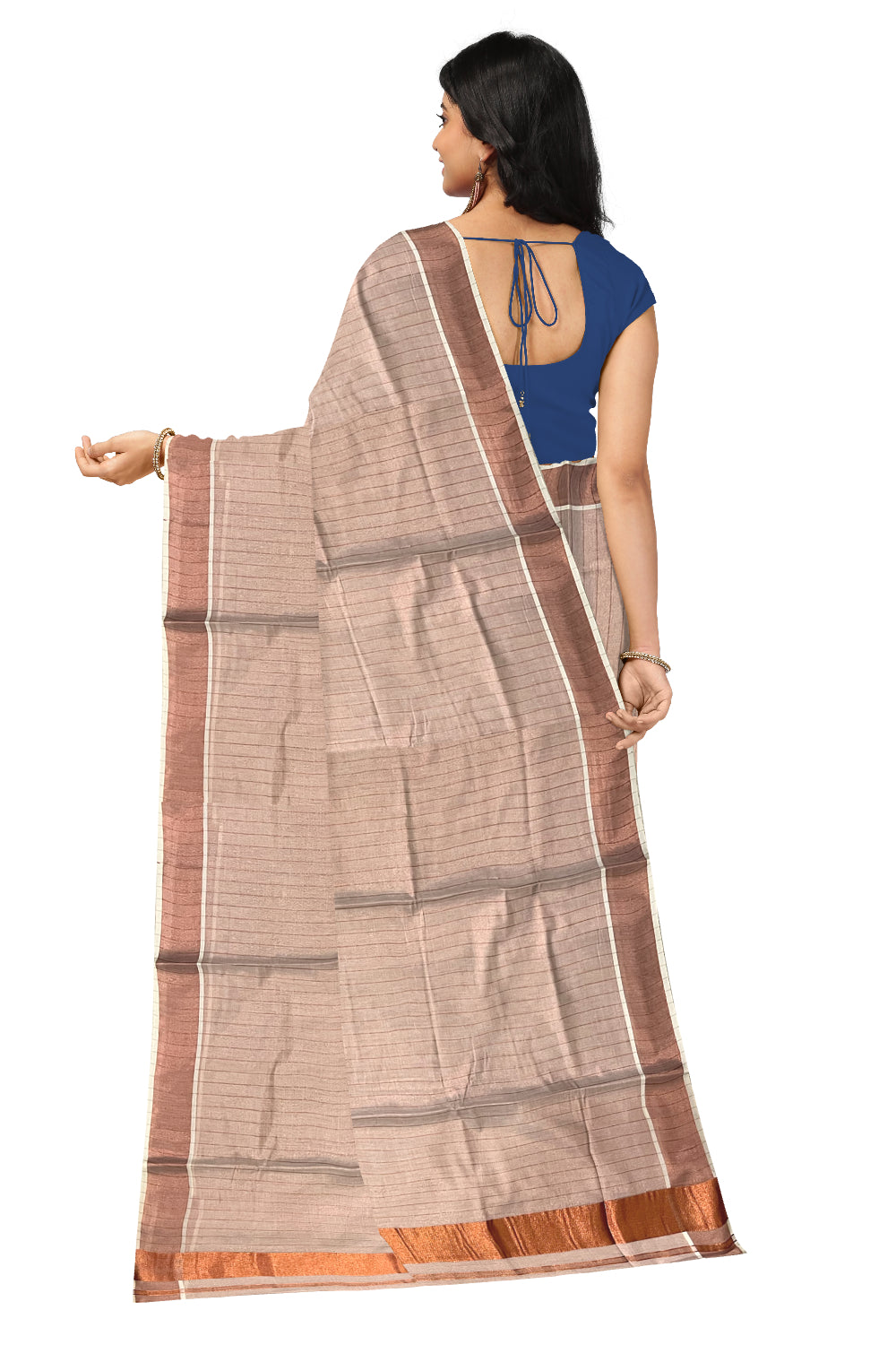 Kerala Copper Tissue Kasavu Lines Design Saree with 3 Inch Border