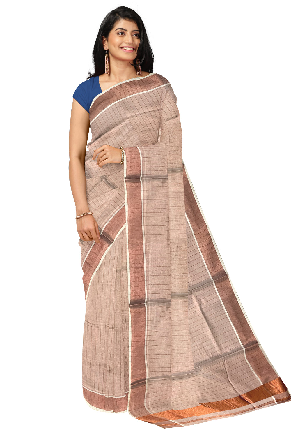 Kerala Copper Tissue Kasavu Lines Design Saree with 3 Inch Border