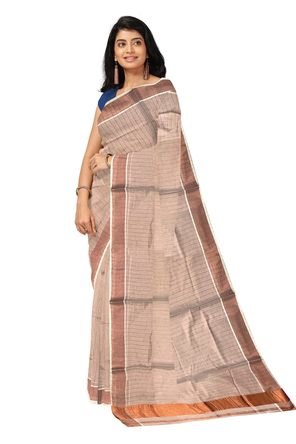 Kerala Copper Tissue Kasavu Lines Design Saree with 3 Inch Border