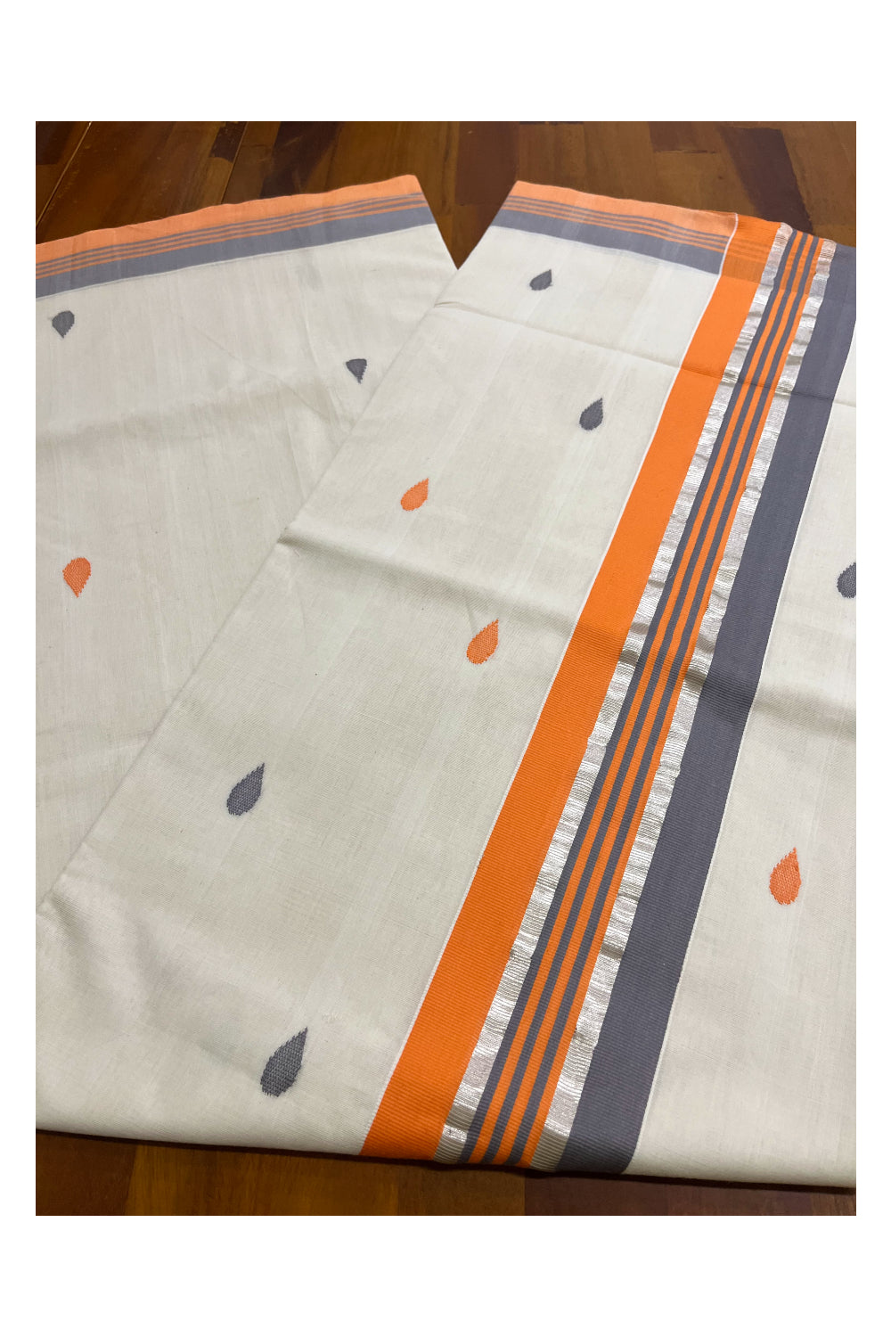 Southloom Premium Balaramapuram Unakkupaavu Handloom Cotton Butta Saree with Orange Grey and Kasavu Border