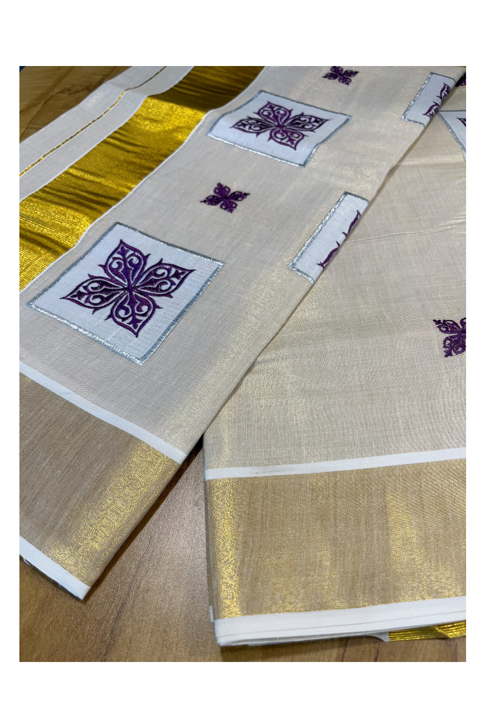 Southloom Kerala Tissue Kasavu Saree with Violet Appliq Work