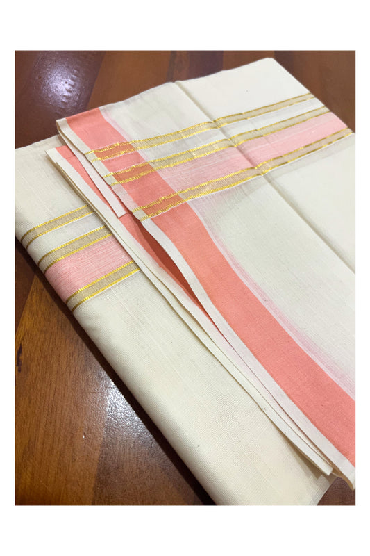 Kerala Cotton Double Mundu with Peach and Kasavu Border (Onam Mundu 2023)