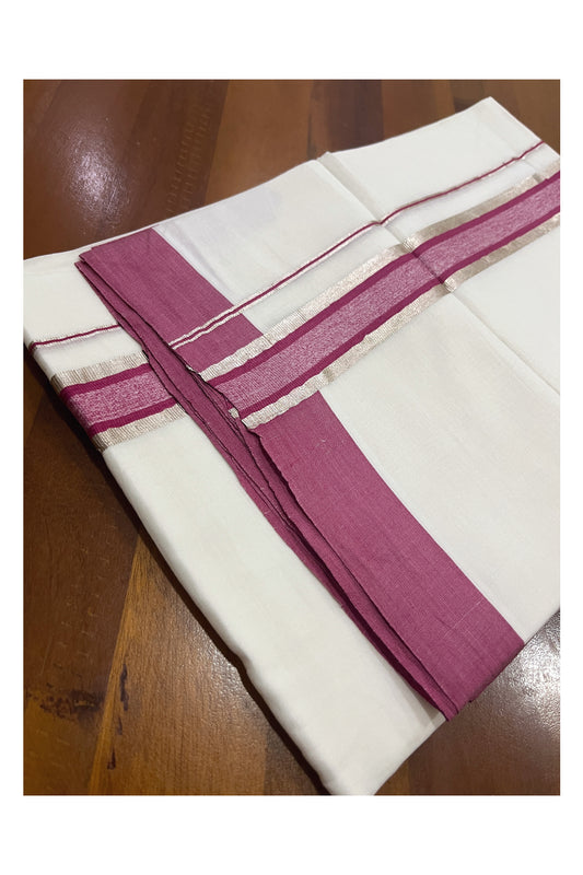 Pure White Cotton Double Mundu with Magenta and Silver Kasavu Border (South Indian Kerala Dhoti)