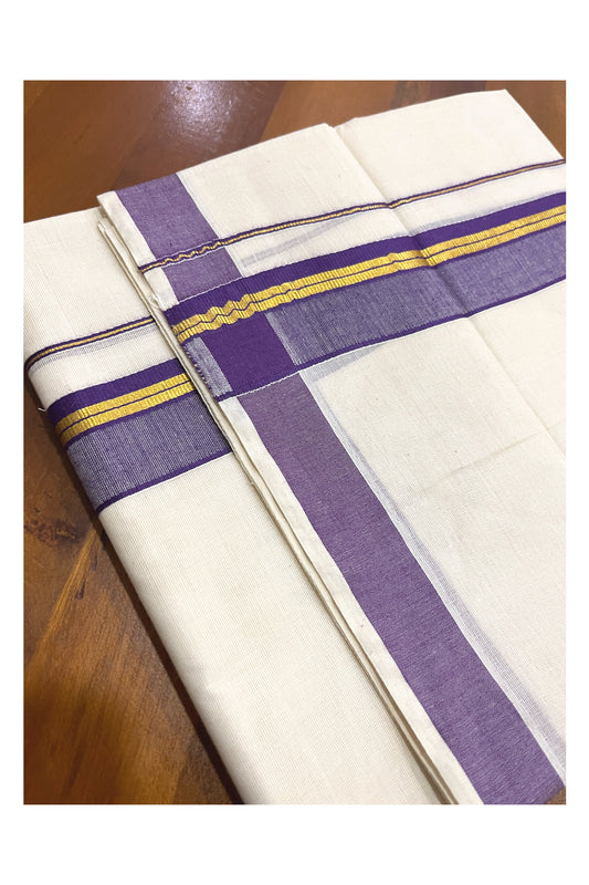 Pure Cotton Kerala Double Mundu with Kasavu and Violet Kara (South Indian Kerala Dhoti)