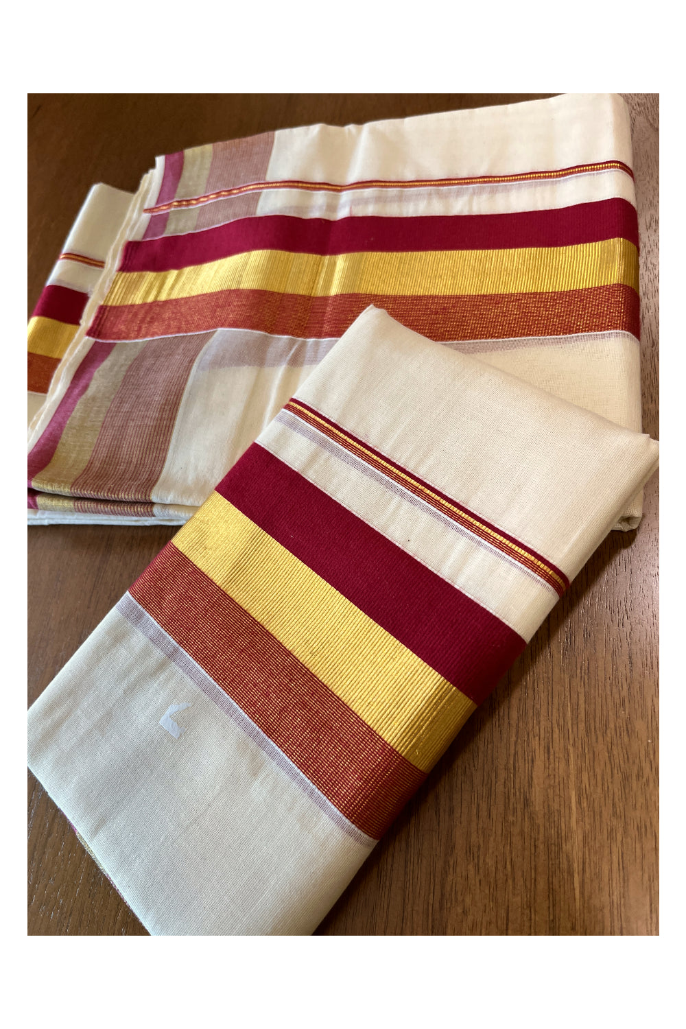 Cotton Mundum Neriyathum Double (Set Mundu) with Maroon and Kasavu Border 2.80 Mtrs