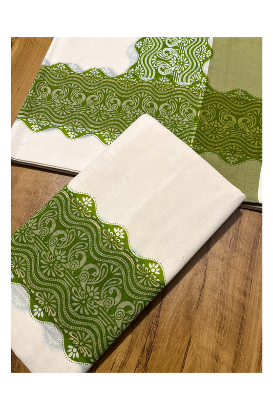 Kerala Cotton Single Set Mundu (Mundum Neriyathum) with Green Block print and Kasav Line Work Border 2.80Mtrs