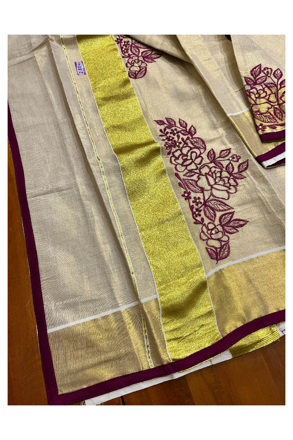 Kerala Tissue Kasavu Set Mundu (Mundum Neriyathum) with Handwork Design and Magenta Blouse Piece - 2.80Mtrs (Vishu 2024 Collection)