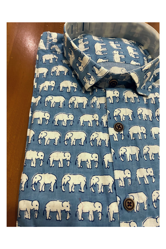 Southloom Jaipur Cotton Elephant Hand Block Printed Blue Shirt (Full Sleeves)