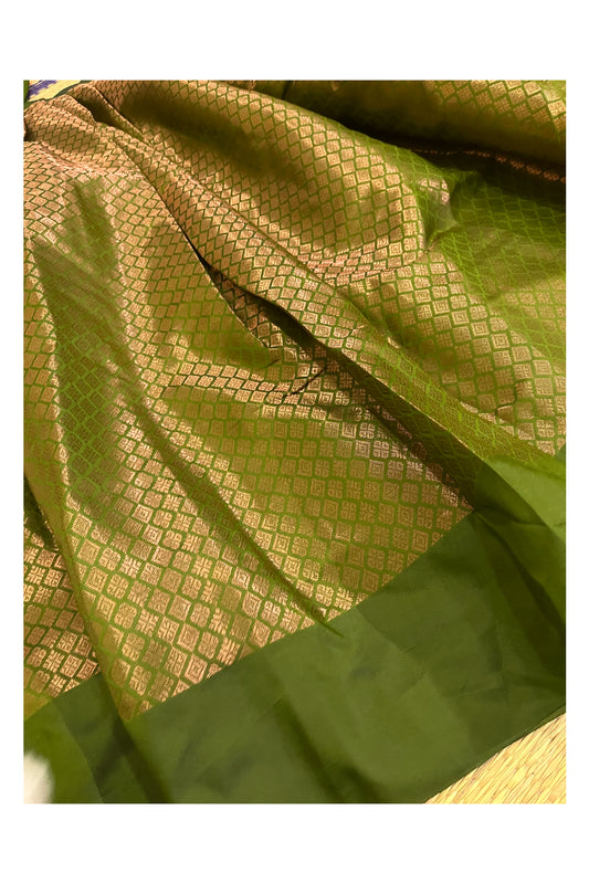 Southloom Semi Stitched Semi Silk Olive Green Dhavani Set include Neriyathu and Blouse Piece
