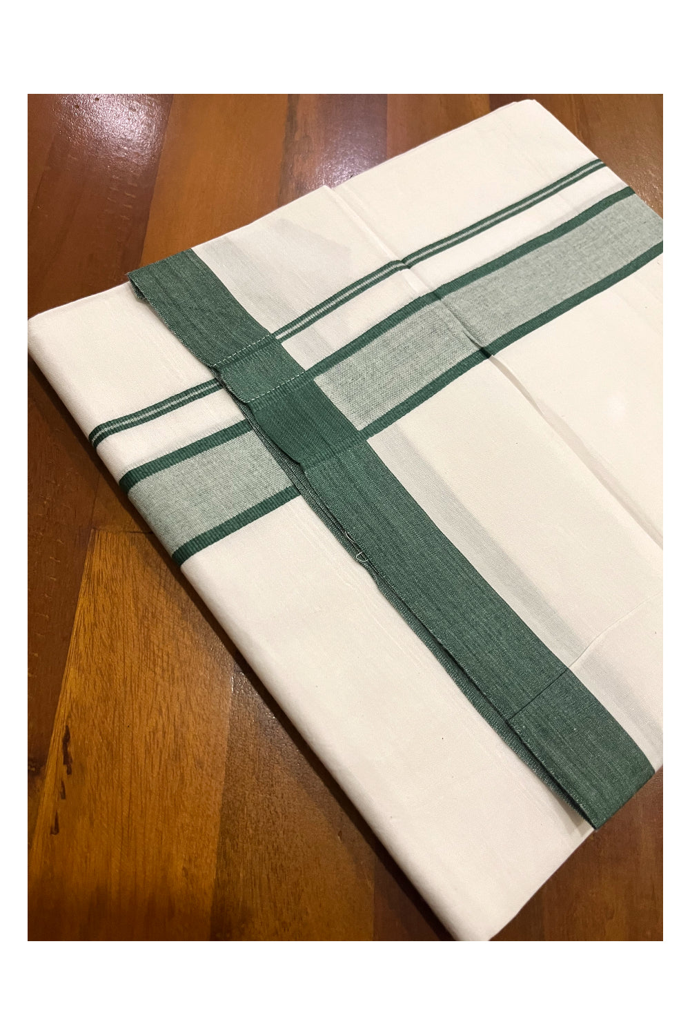 Pure White Cotton Single Mundu (Otta Mundu) with Green Border (South Indian Kerala Dhoti)