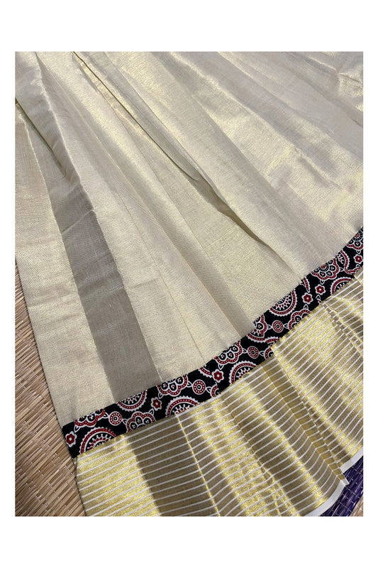 Southloom Kerala Black Ajrakh Top and Tissue Pavada with Kasavu Printed Border