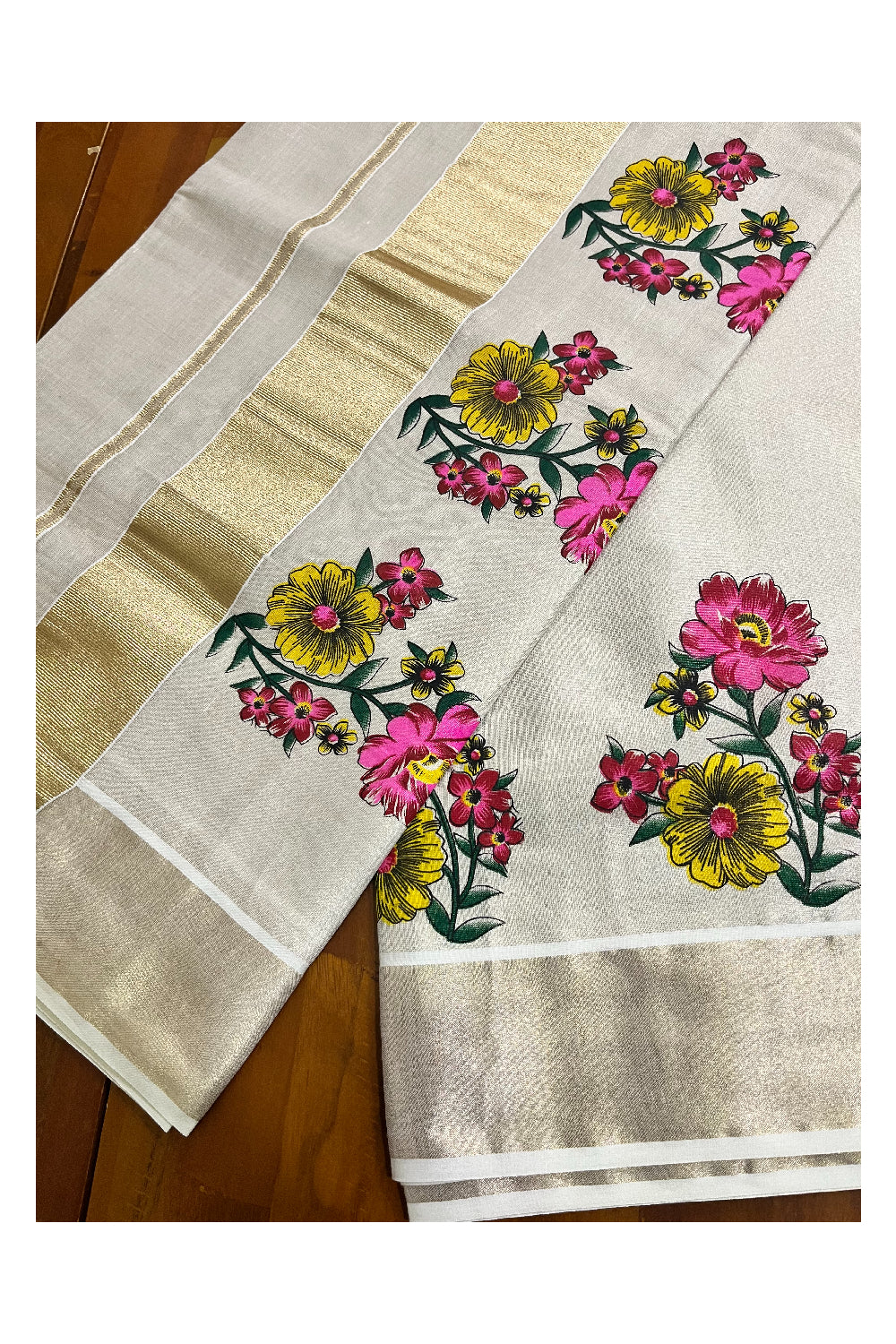 Kerala Tissue Kasavu Saree with Floral Block Printed Designs (Vishu 2024 Collection)