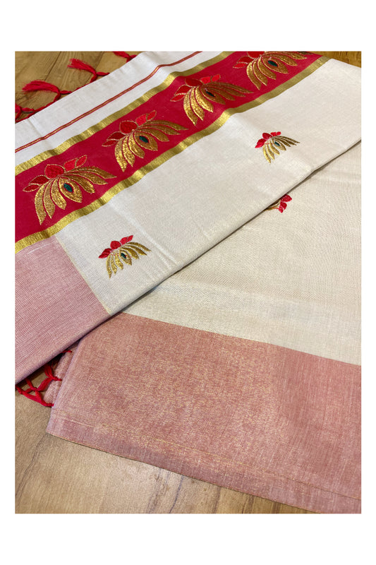 Southloom Kerala Tissue Kasavu Saree with Red And Golden Lotus Embroidary Works on Body