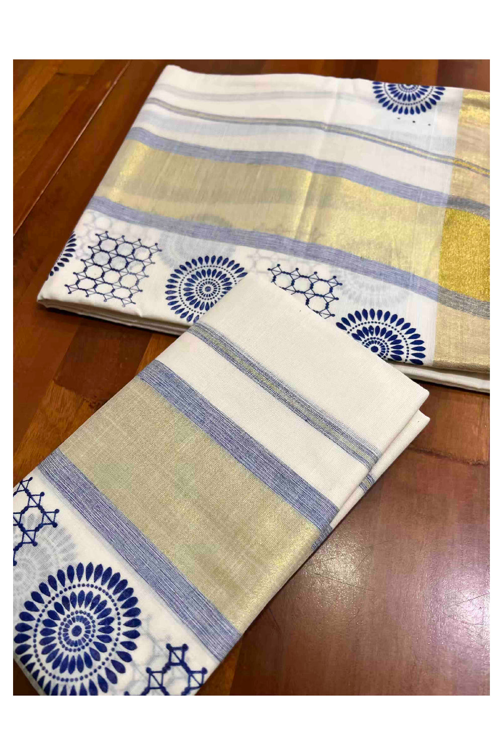 Kerala Cotton Single Set Mundu (Mundum Neriyathum) with Dark Blue Block Prints with Kasavu Border  - 2.80Mtrs