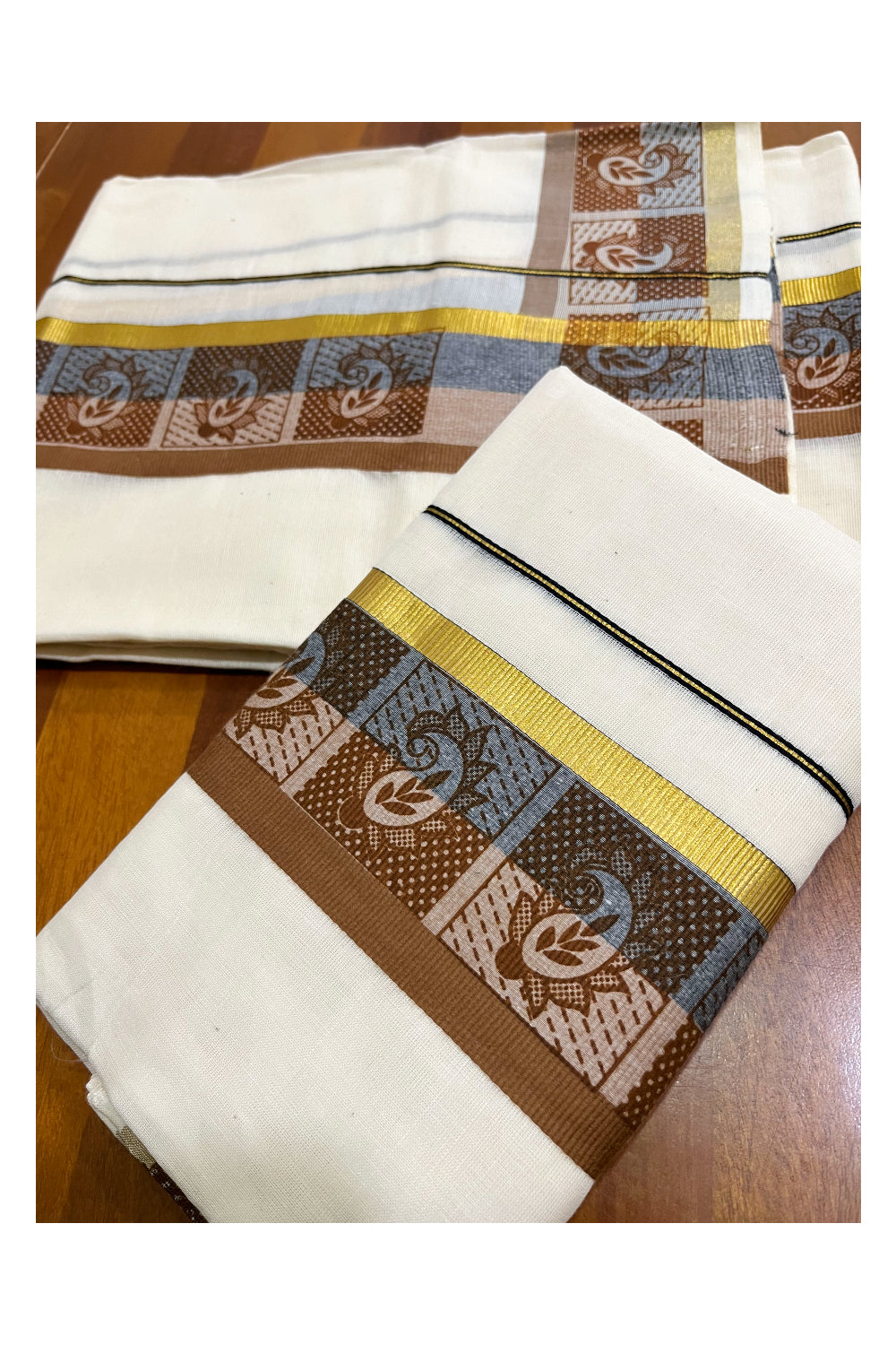 Kerala Cotton Kasavu Single Set Mundu (Mundum Neriyathum) with Blue and Brown Kara and Block prints