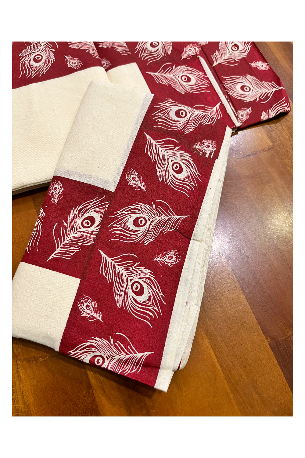 Kerala Cotton Set Mundu (Mundum Neriyathum) with Maroon Feather Block Prints and Seperate Blouse Piece