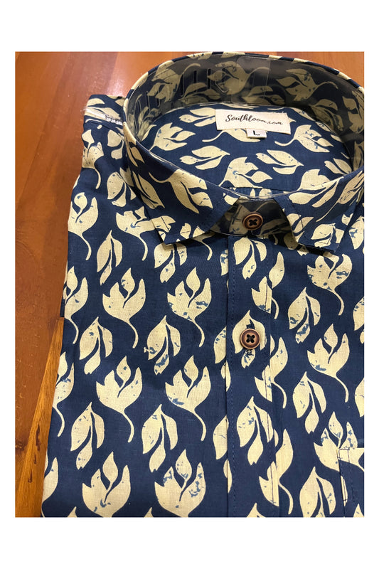 Southloom Jaipur Cotton Blue Shirt with Hand Block Printed Design (Full Sleeves)