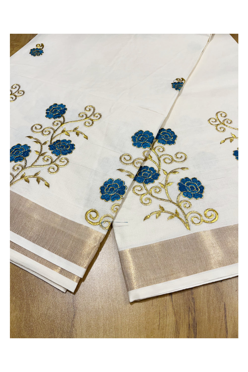 Southloom Kerala Kasavu Saree with Blue and Gold Floral Embroidery