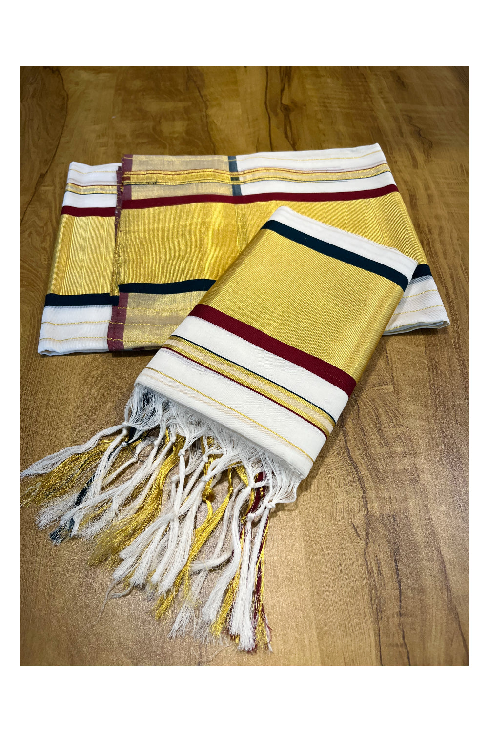 Southloom Premium Handloom Kasavu Lines Set Mundu with Green And Maroon Border (Mundum Neriyathum) 2.80 Mtrs