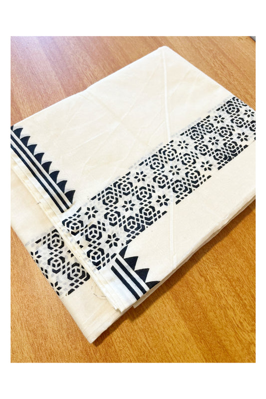 Pure Cotton Off White Double Mundu with Black Block Prints On Border (South Indian Kerala Dhoti)