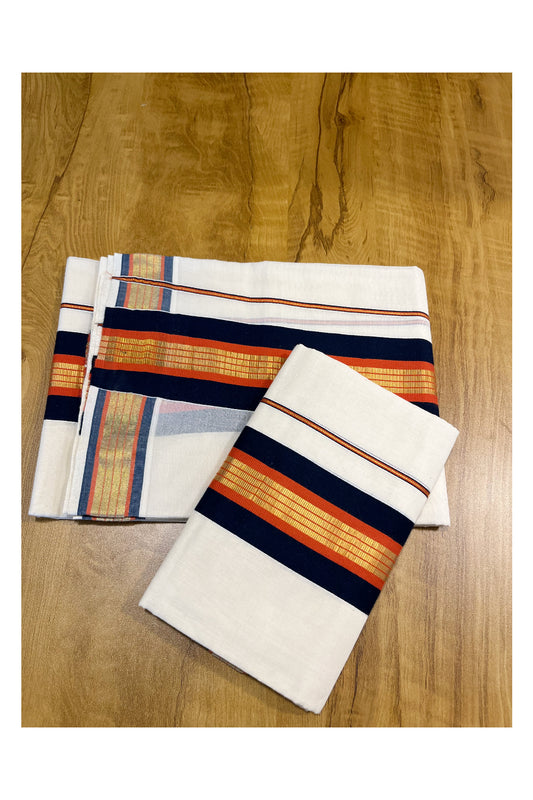 Kerala Cotton Kasavu Set Mundu (Mundum Neriyathum) with Blue and Orange Border 2.80 Mtrs