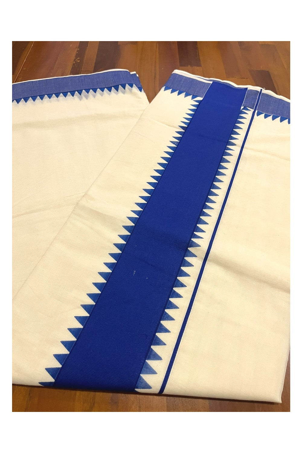 Kerala Pure Cotton Saree with Blue Temple Block Prints on Border