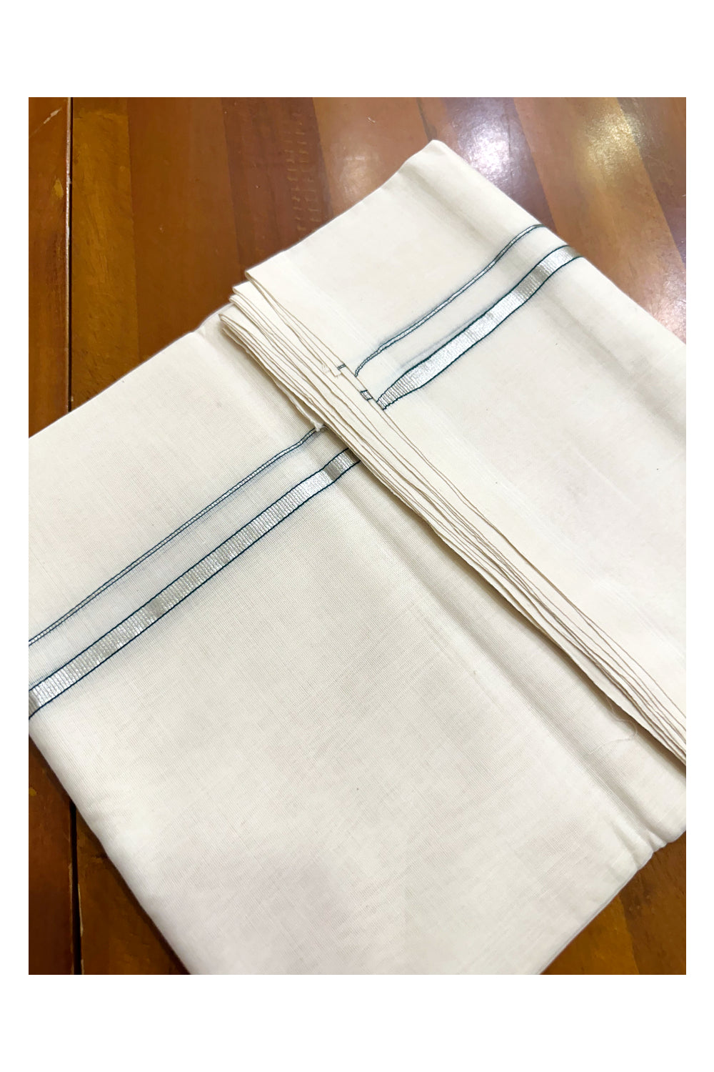 Premium Balaramapuram Handloom Unakkupaavu 0.5 inch Double Mundu with Silver Kasavu and Green Kara