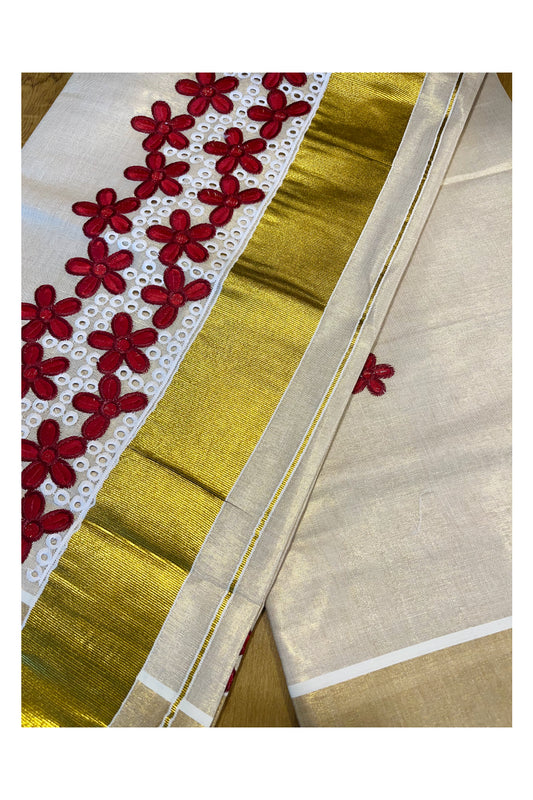 Kerala Tissue Kasavu Saree with Red Floral Embroidery Works