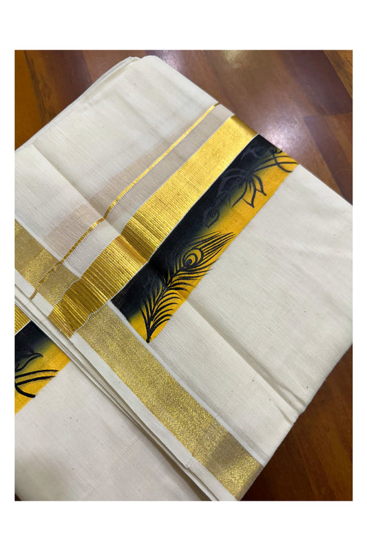 Kerala Pure Cotton Double Mundu with Hand Painted Designs on Kasavu Border(South Indian Kerala Dhoti)