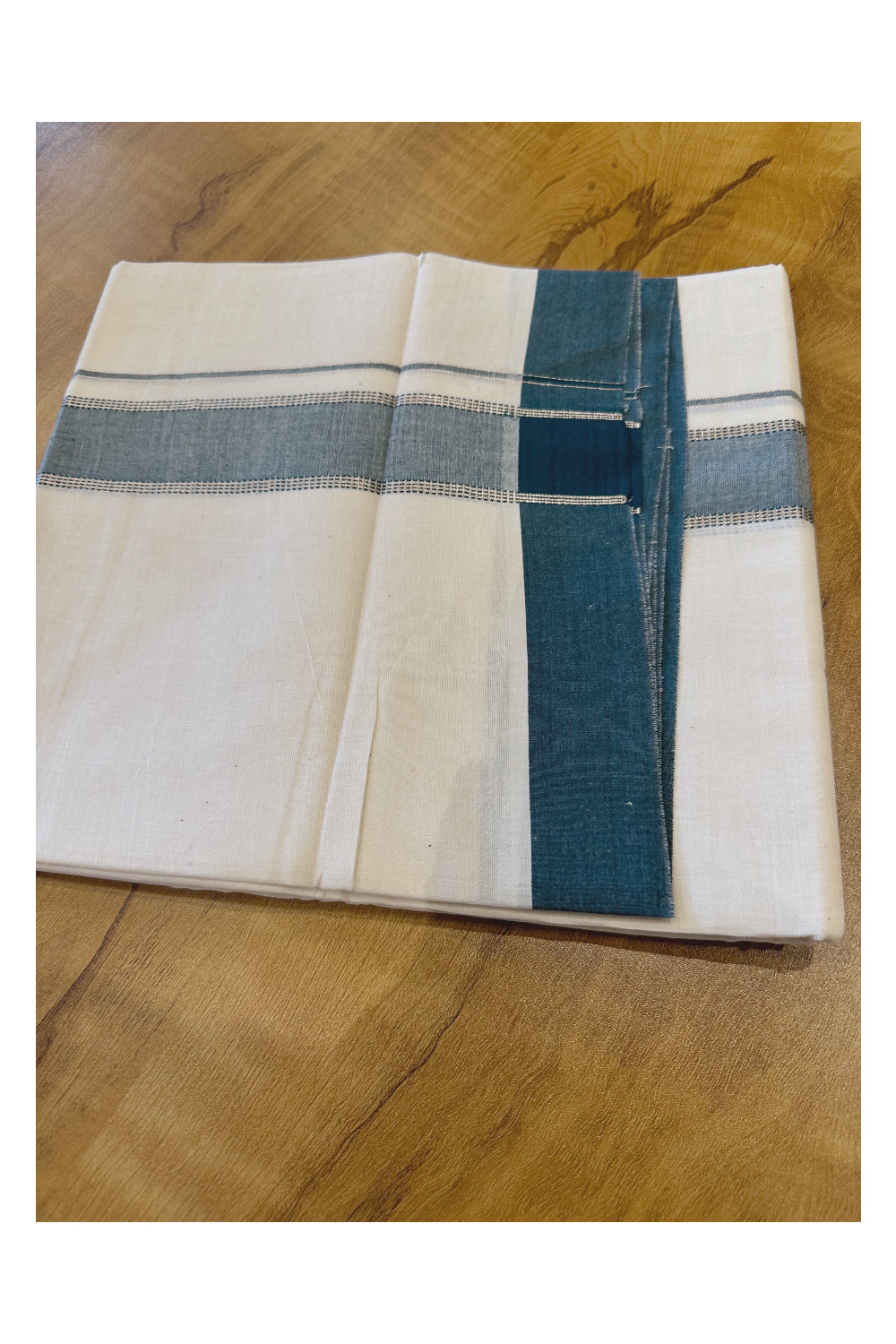 Kerala Pure Cotton Double Mundu with Blue and Silver Kasavu Border (Onam Mundu 2023)