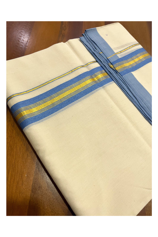 Premium Balaramapuram Unakkupaavu Handloom 10 Muzham Mundu with Kasavu and Blue Border (South Indian Kerala Dhoti)