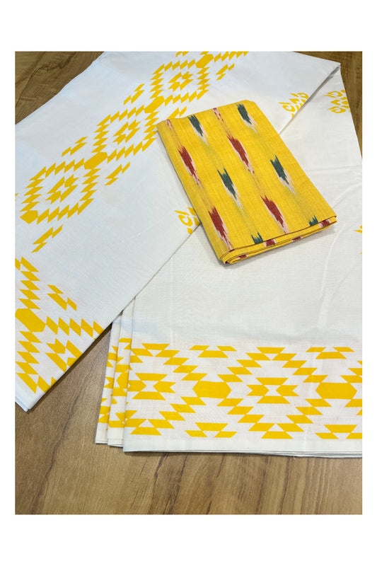 Southloom Ikat Design Yellow Printed Saree with Blouse Piece