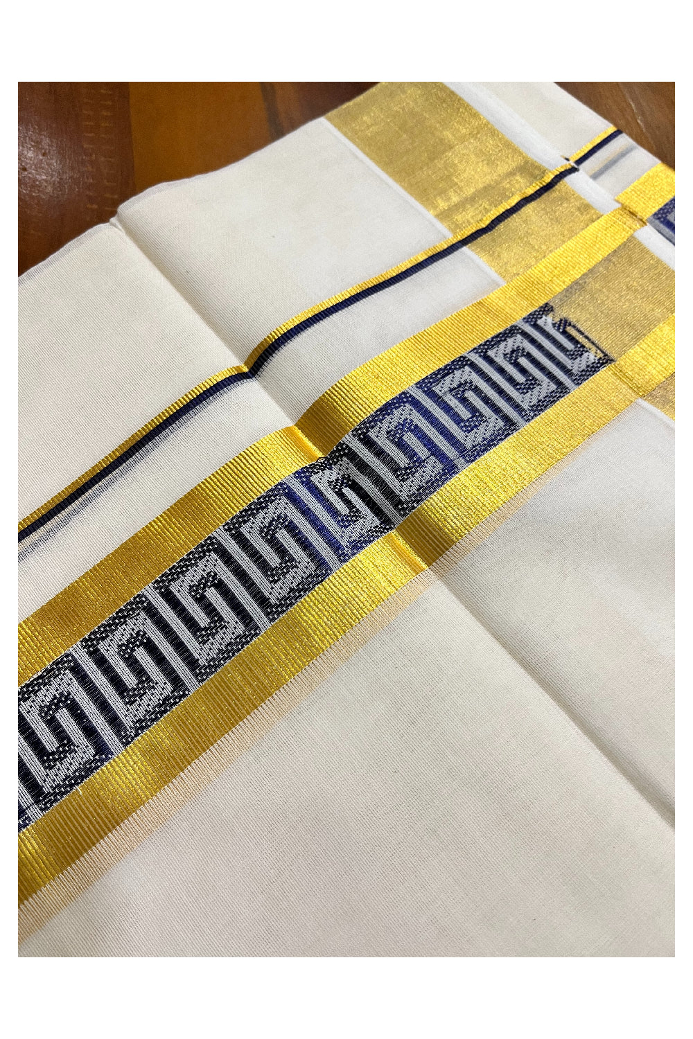 Southloom Premium Handloom Pure Cotton Mundu with Golden and Blue Kasavu Woven Border