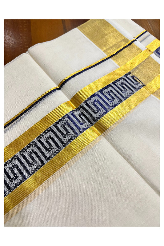 Southloom Premium Handloom Pure Cotton Mundu with Golden and Blue Kasavu Woven Border (Vishu 2024 Collection)