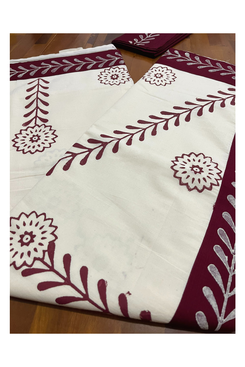 Pure Cotton Onam 2023 Kerala Saree with Hand Block Maroon Floral Batik Prints