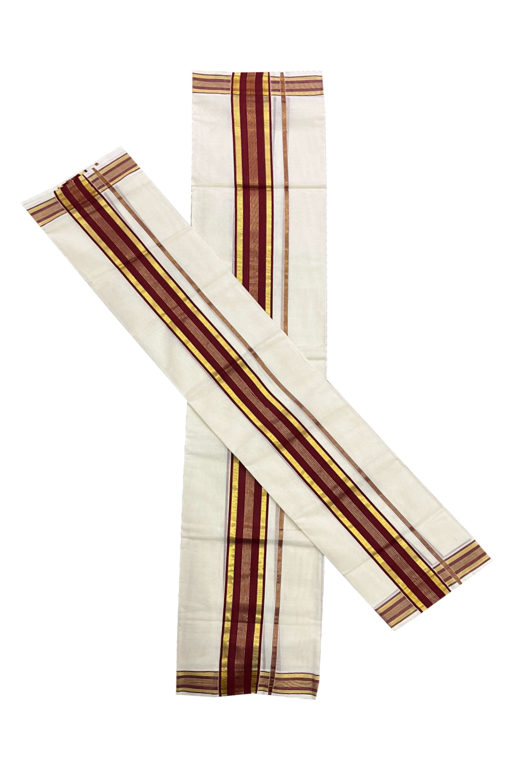 Pure Cotton Handloom Premium Kasavu Set Mundu (Mundum Neriyathum) with Maroon and Kasavu Border