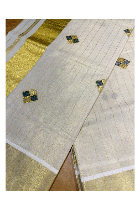 Kerala Tissue Kasavu Stripes Saree with Blue and Golden Diagonal Floral Embroidery Design on Body