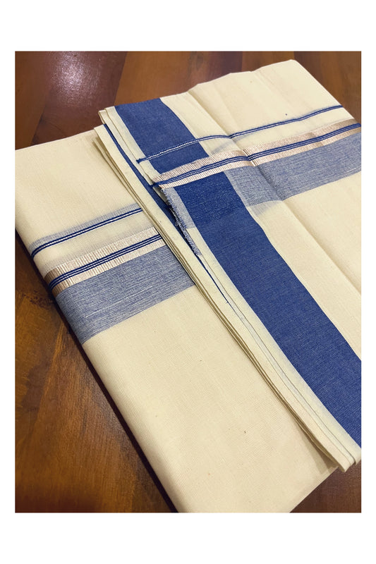 Kerala Cotton Double Mundu with Blue and Silver Kasavu Border (Onam Mundu 2023)