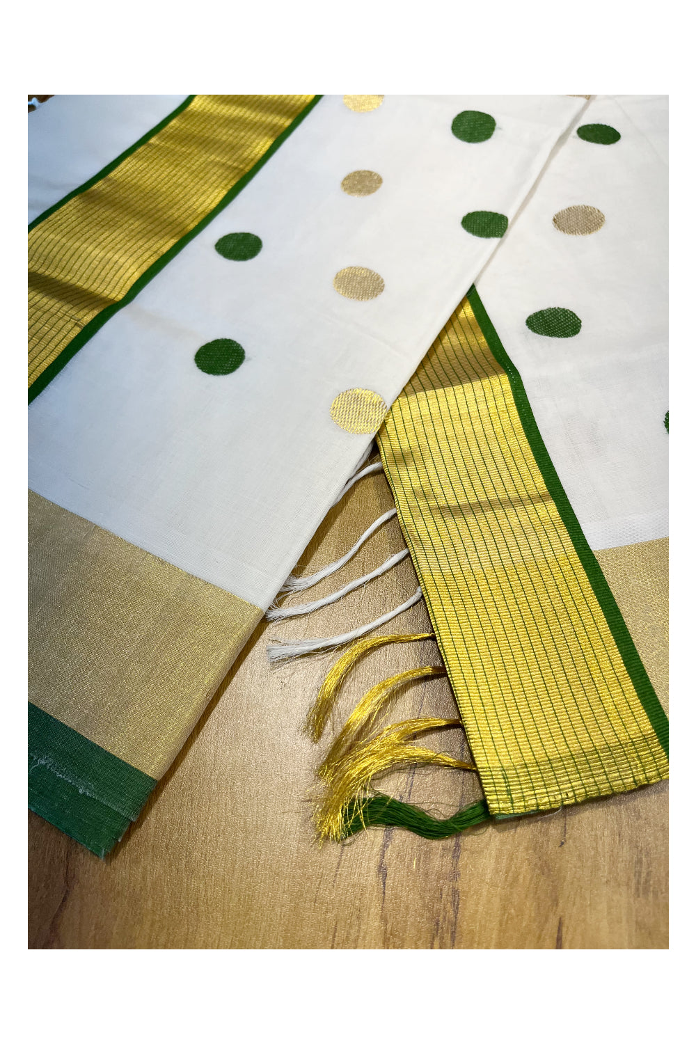 Southloom Premium Handloom Kasavu Saree with Green and Golden Polka Woven Designs Across Body