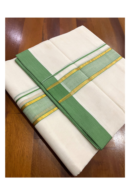 Southloom Premium Handloom Pure Cotton Mundu with Kasavu and Green Border (South Indian Kerala Dhoti)