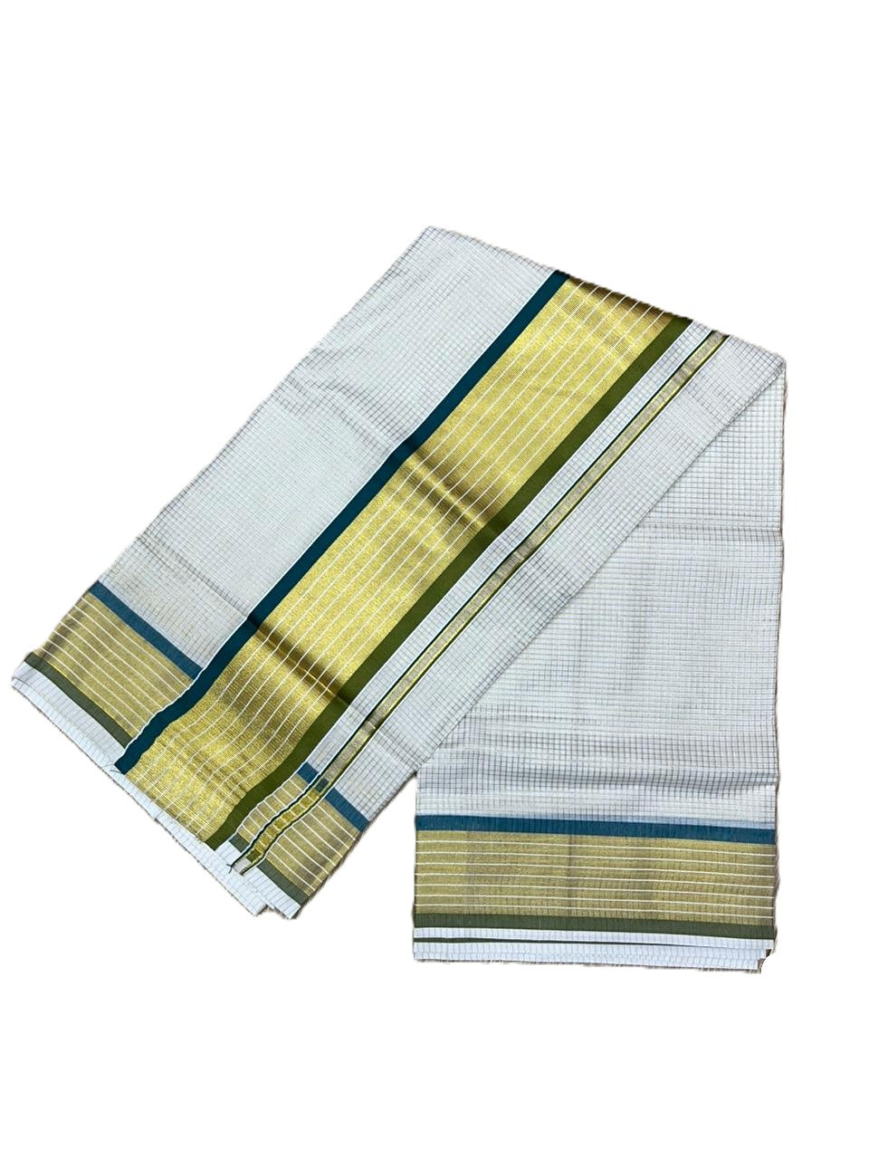 Southloom Kerala Cotton Kasavu Saree with Micro Check Design on Body in Peacock Blue & Olive Green  Border SL451