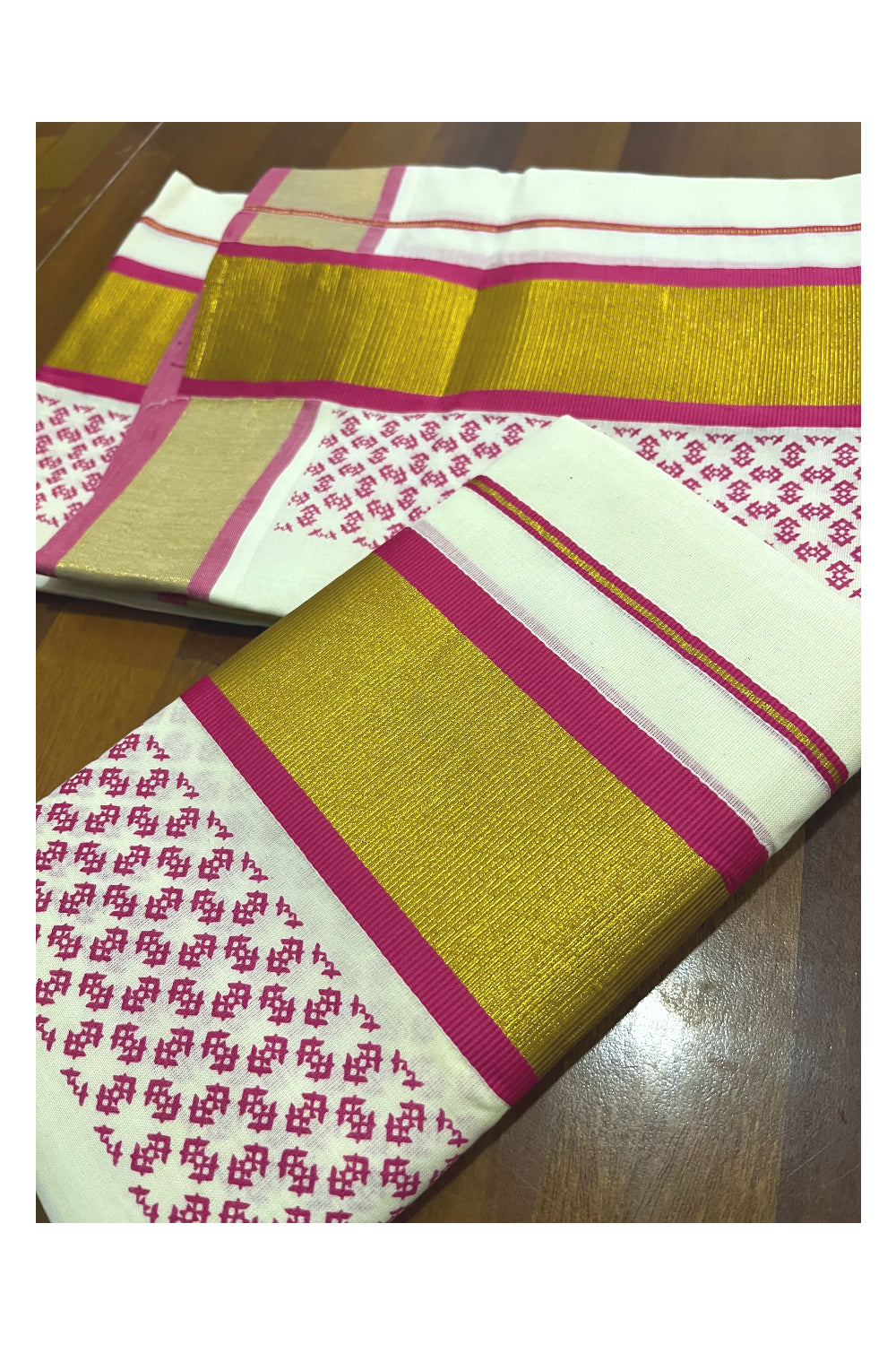 Pure Cotton Kerala Single Set Mundu (Mundum Neriyathum) with Pink Block Printed Kasavu Border