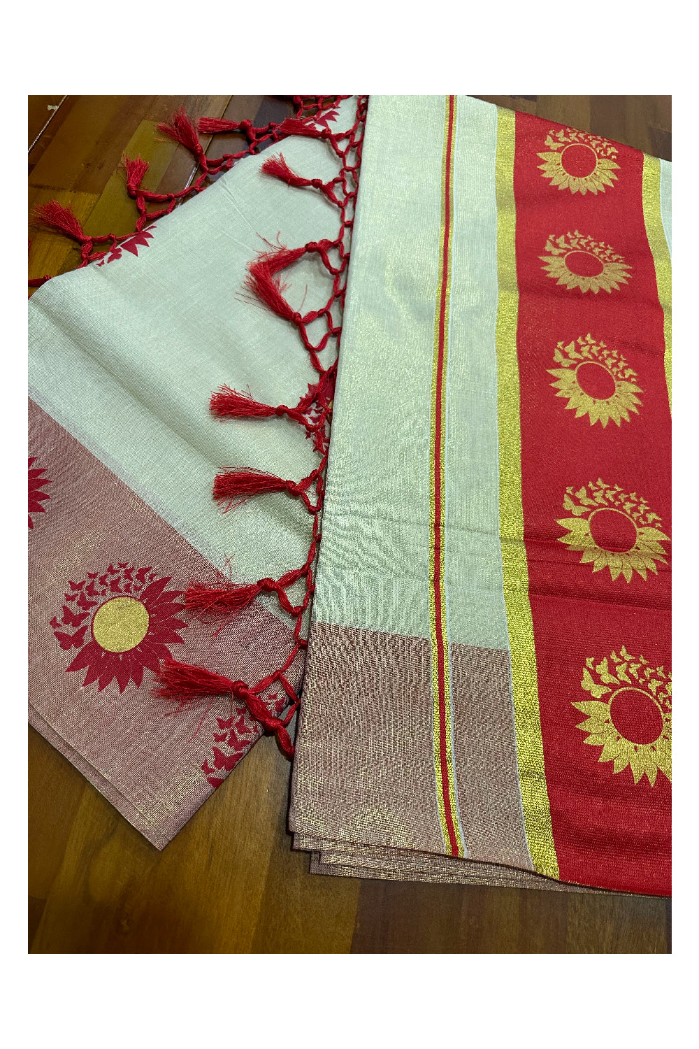 Kerala Tissue Kasavu Saree with Red and Golden Block Prints on Border (Onam Saree 2023)