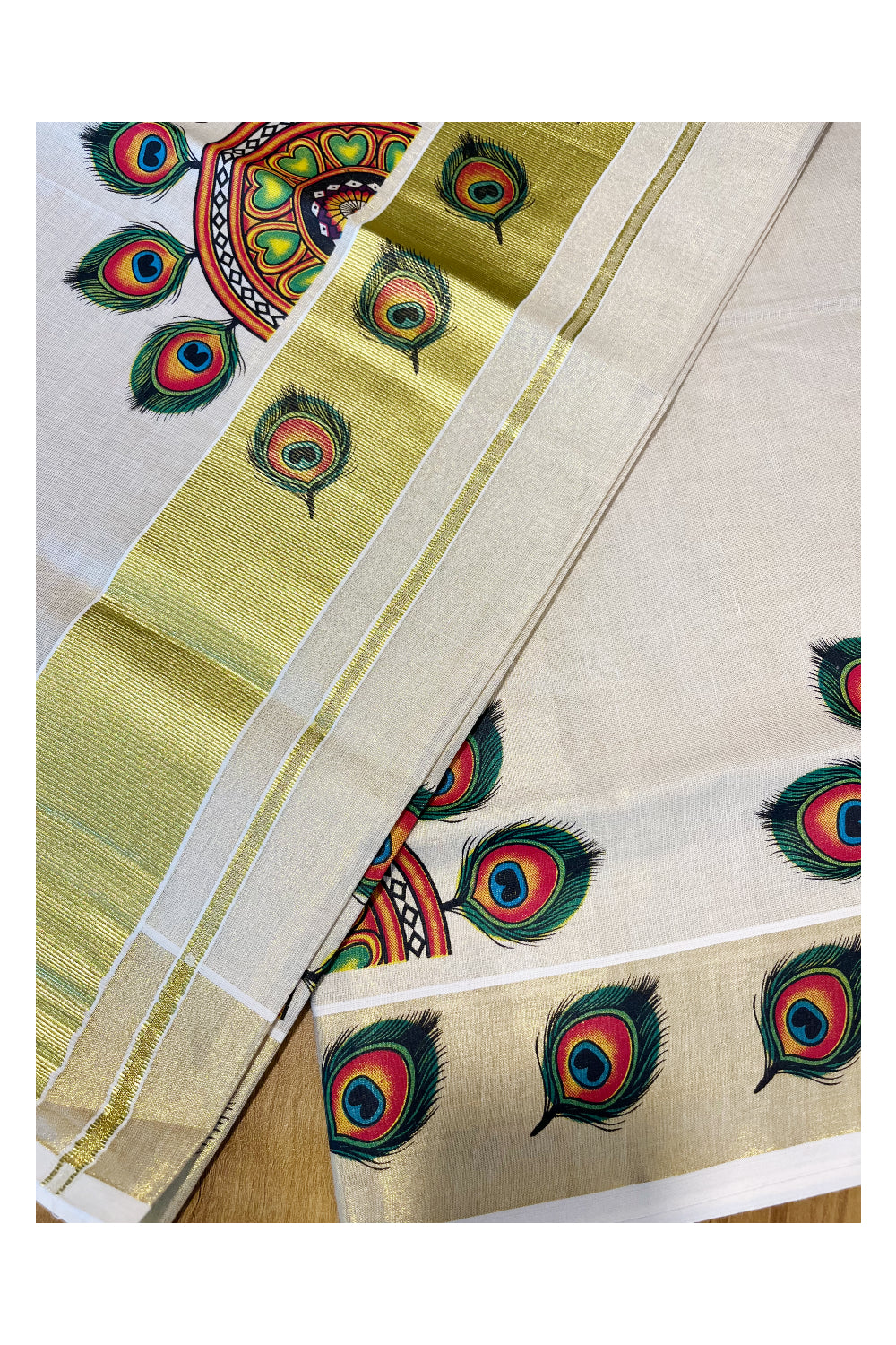 Southloom Kerala Tissue Kasavu Saree With Peacock Leaf Mural Printed