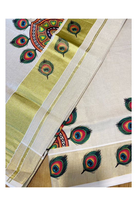 Southloom Kerala Tissue Kasavu Saree With Peacock Leaf Mural Printed