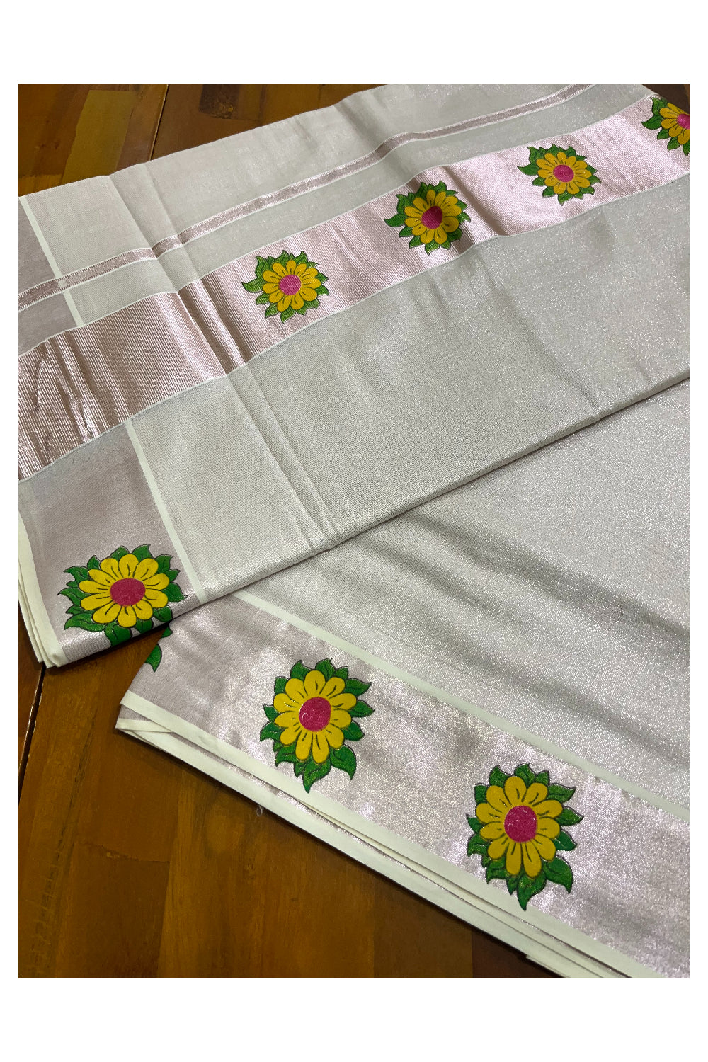 Kerala Silver Tissue Kasavu Saree with Floral Prints on Border and Pallu (Onam 2024 Collection)