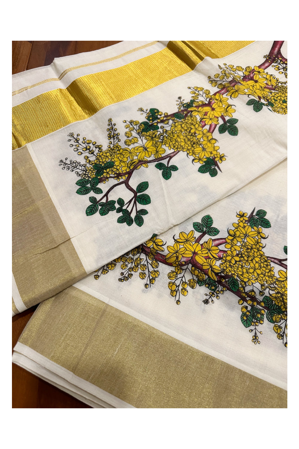 Kerala Cotton Saree with Floral Block Prints and Kasavu Border