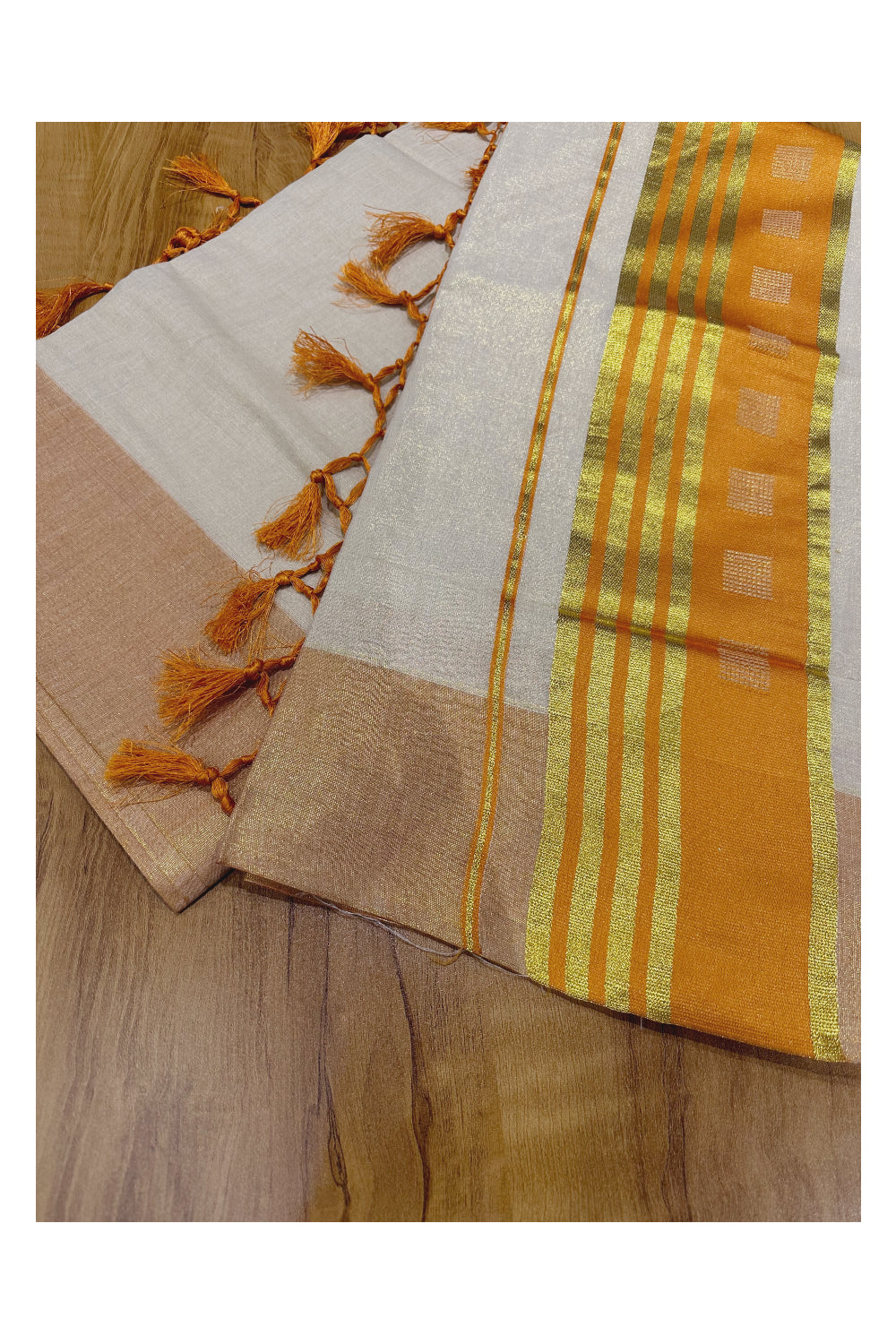 Kerala Tissue Saree with Kasavu Orange Border and Tassels Works on Pallu (Onam Saree 2023)