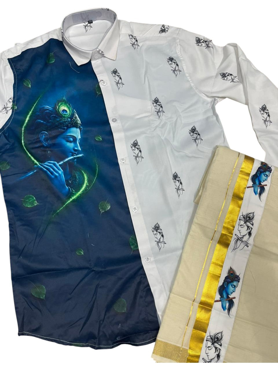 Southloom Premium Satin Krishna Digital Printed Design Men's Combo  (Shirt + Mundu) SL576