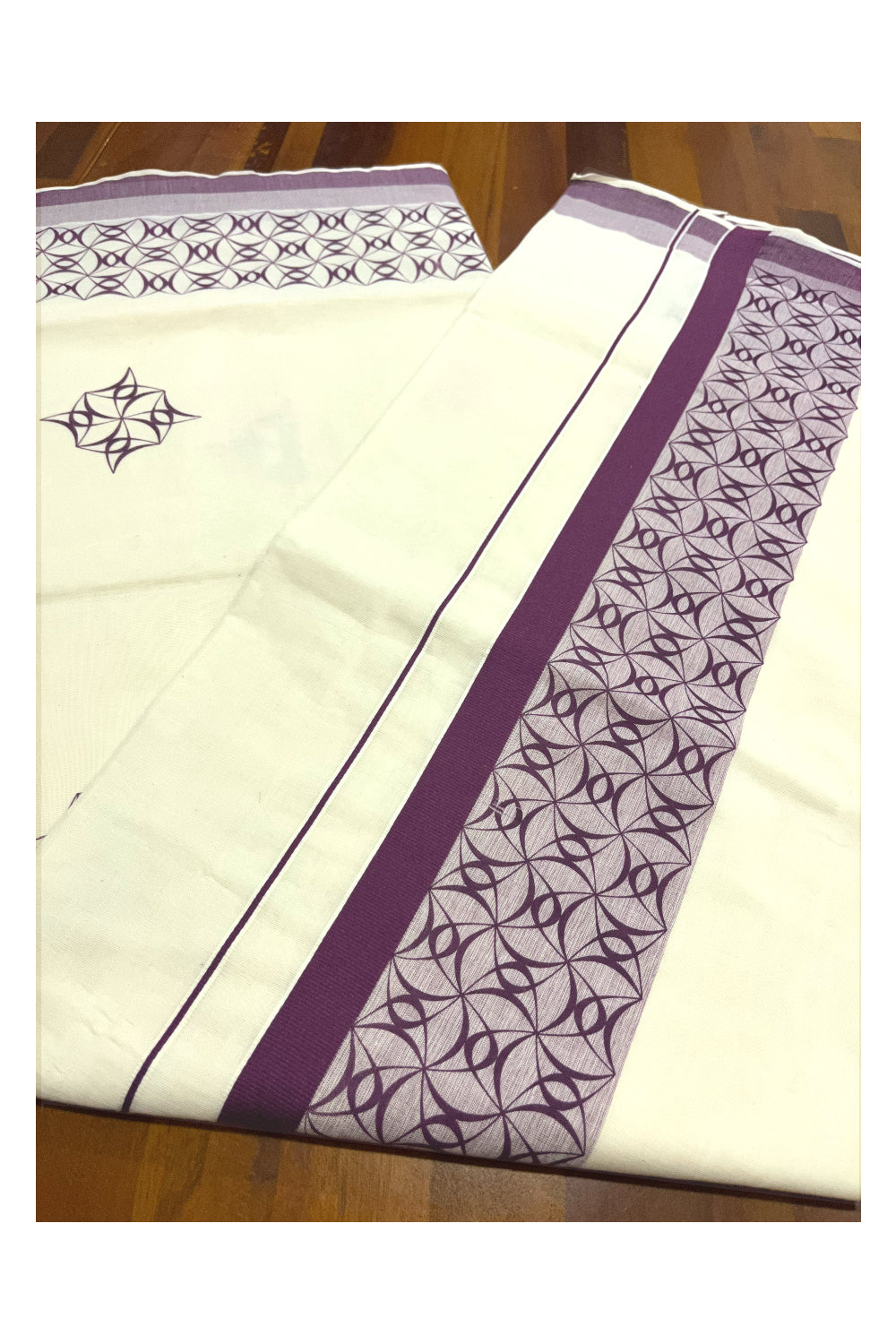 Pure Cotton Off White Kerala Saree with Purple Block Printed Border (Onam Saree 2023)